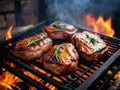 Assorted delicious grilled meat with vegetable over the coals on a barbecue