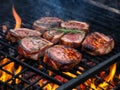 Assorted delicious grilled meat with vegetable over the coals on a barbecue