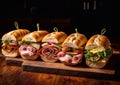 Assorted delicious submarine sandwiches on chopping board.Macro.AI Generative
