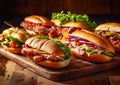 Assorted delicious submarine sandwiches on wooden table.Macro.AI Generative