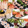 Assorted delicious sushi rolls and fish collage