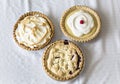 Assorted delicious whole Pies sitting on a table