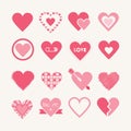 Assorted designs of pink hearts icons set