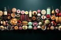 Assorted desserts, beverages, berries, and snacks on dark background - top view, flat lay