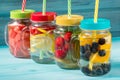 Assorted detox water cocktails in glass jars Royalty Free Stock Photo