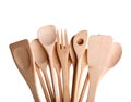 Assorted different kitchen wooden utensils cutlery on white. Royalty Free Stock Photo