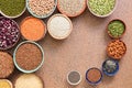 Assorted different of legumes, beans, grains and seeds in bowls. Top view, flat lay, copy space