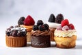 Assorted different mini cakes with cream, chocolate and berries Royalty Free Stock Photo