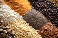 Assorted different types of beans and cereals grains. Set of indispensable sources of protein for a healthy lifestyle. Close-up. Royalty Free Stock Photo