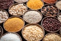 Assorted different types of beans and cereals grains. Set of indispensable sources of protein for a healthy lifestyle. Close-up. Royalty Free Stock Photo