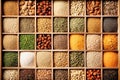 Assorted different types of beans and cereals grains. Set of indispensable sources of protein for a healthy lifestyle. Close-up. Royalty Free Stock Photo