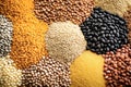 Assorted different types of beans and cereals grains. Set of indispensable sources of protein for a healthy lifestyle. Close-up. Royalty Free Stock Photo