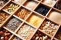 Assorted different types of beans and cereals grains. Set of indispensable sources of protein for a healthy lifestyle. Close-up. Royalty Free Stock Photo