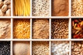 Assorted different types of beans and cereals grains. Set of indispensable sources of protein for a healthy lifestyle. Close-up. Royalty Free Stock Photo