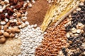 Assorted different types of beans and cereals grains. Set of indispensable sources of protein for a healthy lifestyle. Quality