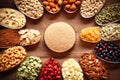 Assorted different types of beans and cereals grains. Set of indispensable sources of protein for a healthy lifestyle. Quality