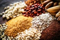 Assorted different types of beans and cereals grains. Set of indispensable sources of protein for a healthy lifestyle. Quality