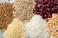 Assorted different types of beans and cereals grains. Set of indispensable sources of protein for a healthy lifestyle, top view Royalty Free Stock Photo