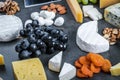 Assorted different types of cheeses with fruits, nuts, dried fruits