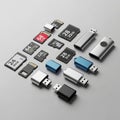 Assorted digital memory devices displayed on a light gray surface, featuring SD cards, Royalty Free Stock Photo