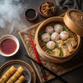 Assorted Dimsums in a bamboo steamer Royalty Free Stock Photo