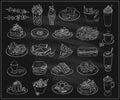 Assorted dishes food symbols set on a chalkboard, line graphic illustration