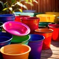 Assorted diverse bright colorful multicolored plastic buckets