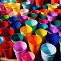 Assorted diverse bright colorful multicolored plastic buckets