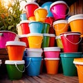 Assorted diverse bright colorful multicolored plastic buckets