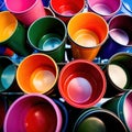 Assorted diverse bright colorful multicolored plastic buckets