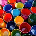 Assorted diverse bright colorful multicolored plastic buckets