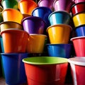 Assorted diverse bright colorful multicolored plastic buckets