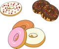 Assorted donuts with chocolate frosted, pink glazed and sprinkles donuts.