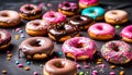 assorted donuts with chocolate frosted, pink glazed and sprinkles donuts.