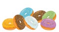 Assorted donuts with chocolate frosted, pink glazed and sprinkles donuts. vector illustration.