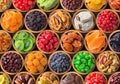 Assorted dried fruits and berries in wooden bowls, top view. organic food background Royalty Free Stock Photo