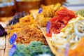 Assorted dried fruits on display at a farmer`s market during traditional Lithuanian spring fair in Vilnius