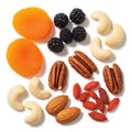 Assorted dried fruits and nuts arranged in a circular pattern on a white background Royalty Free Stock Photo
