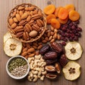 Assorted dried fruits and nuts are Royalty Free Stock Photo