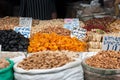 Assorted dried fruits and nuts for sale at Mahane Yehuda Market Royalty Free Stock Photo