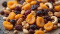 Assorted Dried Fruits and Nuts Mix on Rustic Burlap Royalty Free Stock Photo