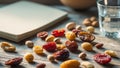 Assorted Dried Fruits Nuts and Water on Wooden Tabletop with Notebook Royalty Free Stock Photo