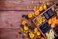 Assorted dried fruits in wooden box Royalty Free Stock Photo