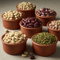 Assorted dry beans in earthenware bowls displayed on a textured surface. The Royalty Free Stock Photo
