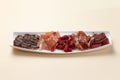 Assorted dry-cured meat delicacies in a plate Royalty Free Stock Photo