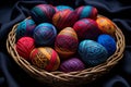Assorted Easter Eggs in Decorative Woven Basket. Colorful Spring Holiday Decor