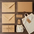 Assorted eco-friendly packaging displayed on a wooden surface, including two large Royalty Free Stock Photo