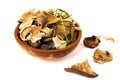 Assorted edible dried mushrooms in a wooden bowl isolated on a white background