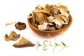 Assorted edible dried mushrooms in a wooden bowl isolated on a white background