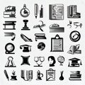 Assorted educational icons on white background.